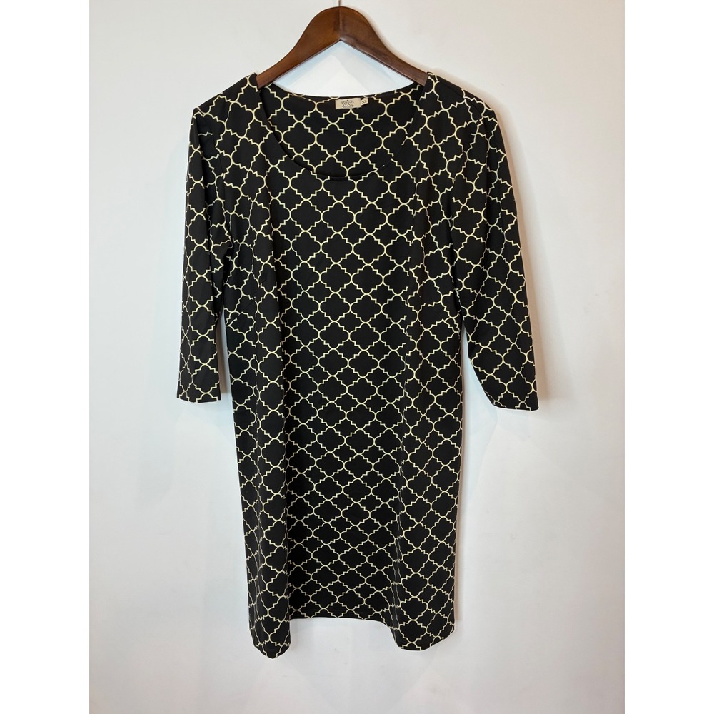 Katherine Way Black Cream Trellis Quatrefoil Shift Dress Pockets XL Made in USA